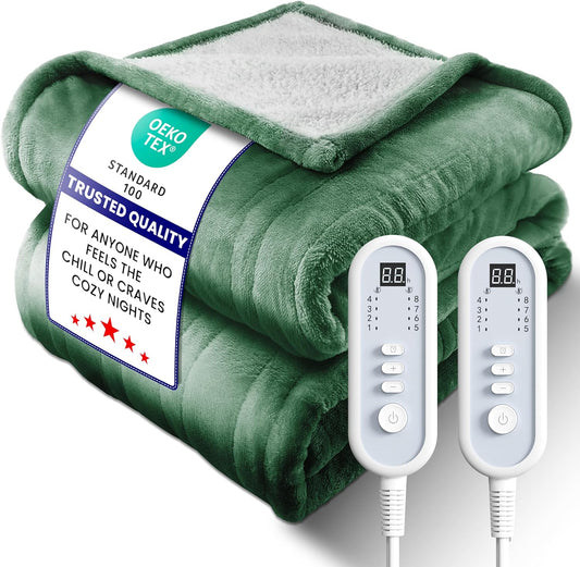 Electric Heated Blanket Queen, Ultra‑Cozy Premium Flannel & Sherpa, Even Heat Distribution & Stable Temp, 1–10H Auto‑Off, 8 Temps (86–125.6°F), Overheat Protection, Ideal Gifts for Grandma