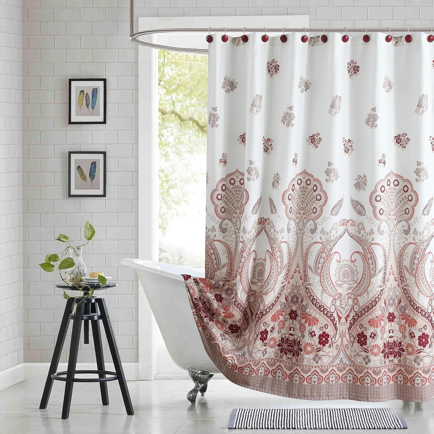 Long Shower Curtain 72x78 Inch - Water-Repellent Off-White Premium Fabric with Burgundy Terracotta Taupe Paisley Floral Design