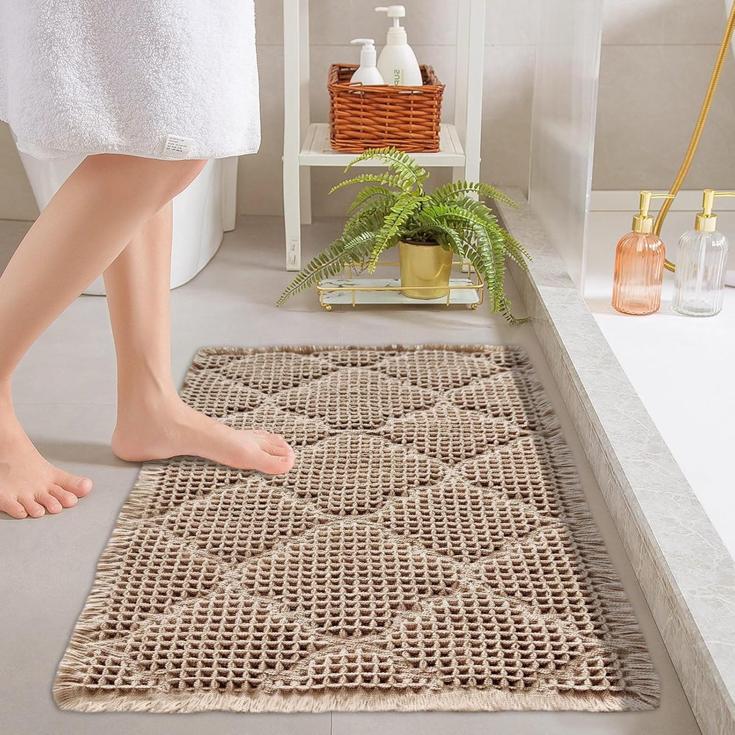 ZALL Tan Waffle Bath Mat,Super Absorbent Non Slip Bathroom Rug,Brown 24x36inch, Geometric Diamond Machine Washable Ultra Soft Floor Mats