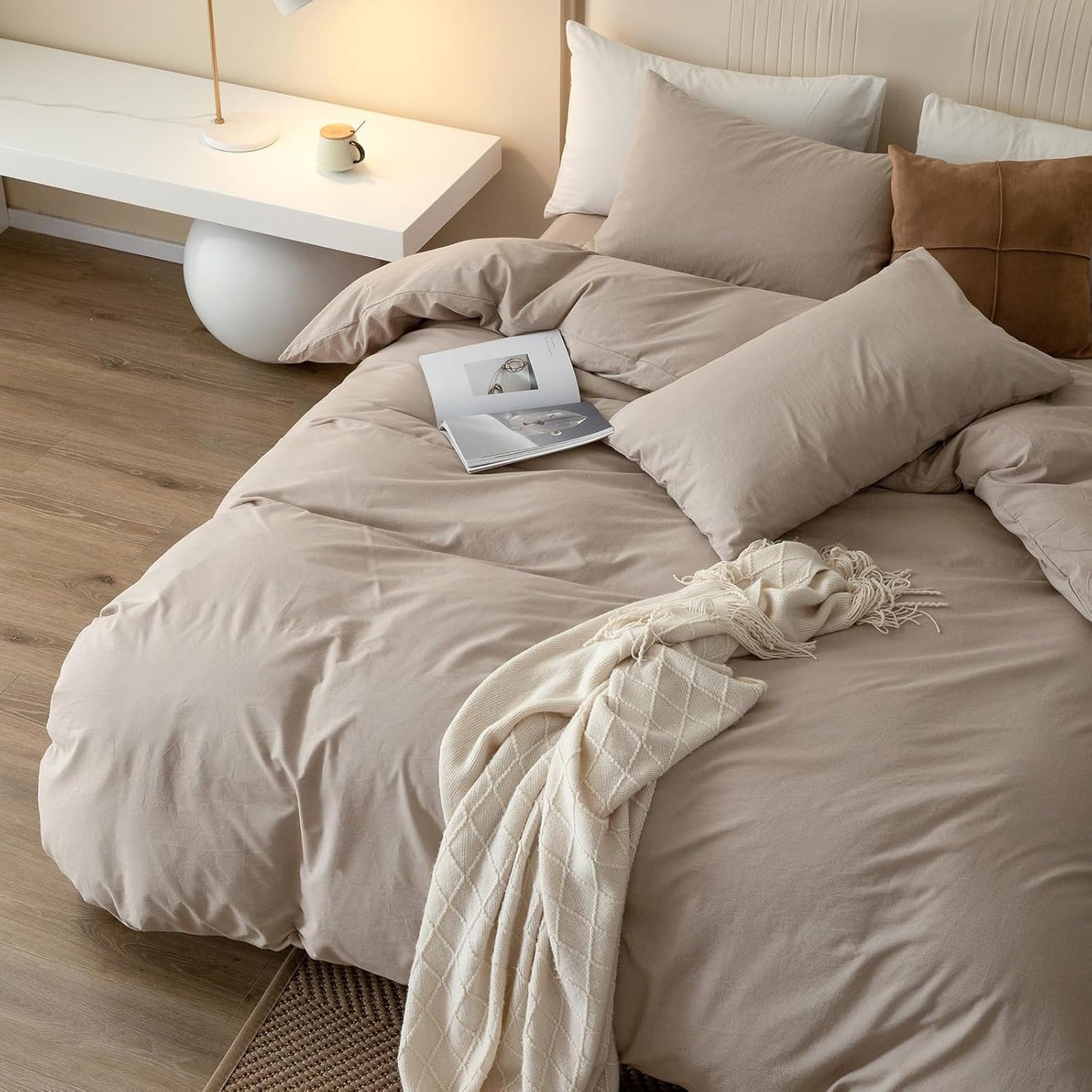 JIYUAN 100% Washed Cotton Duvet Cover Set 3 Pieces Queen, 1 Duvet Cover 90x90 Inches(Comforter Not Included) and 2 Pillowcases,Linen Feel Bedding Set Comfy and Breathable, Heathered Warm Taupe