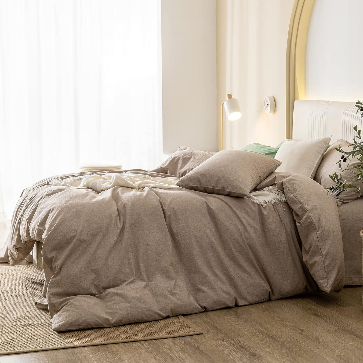 JIYUAN 100% Washed Cotton Duvet Cover Set Comfy Simple Style Soft Breathable Textured Durable Linen Feel Bedding for All Seasons King, Taupey