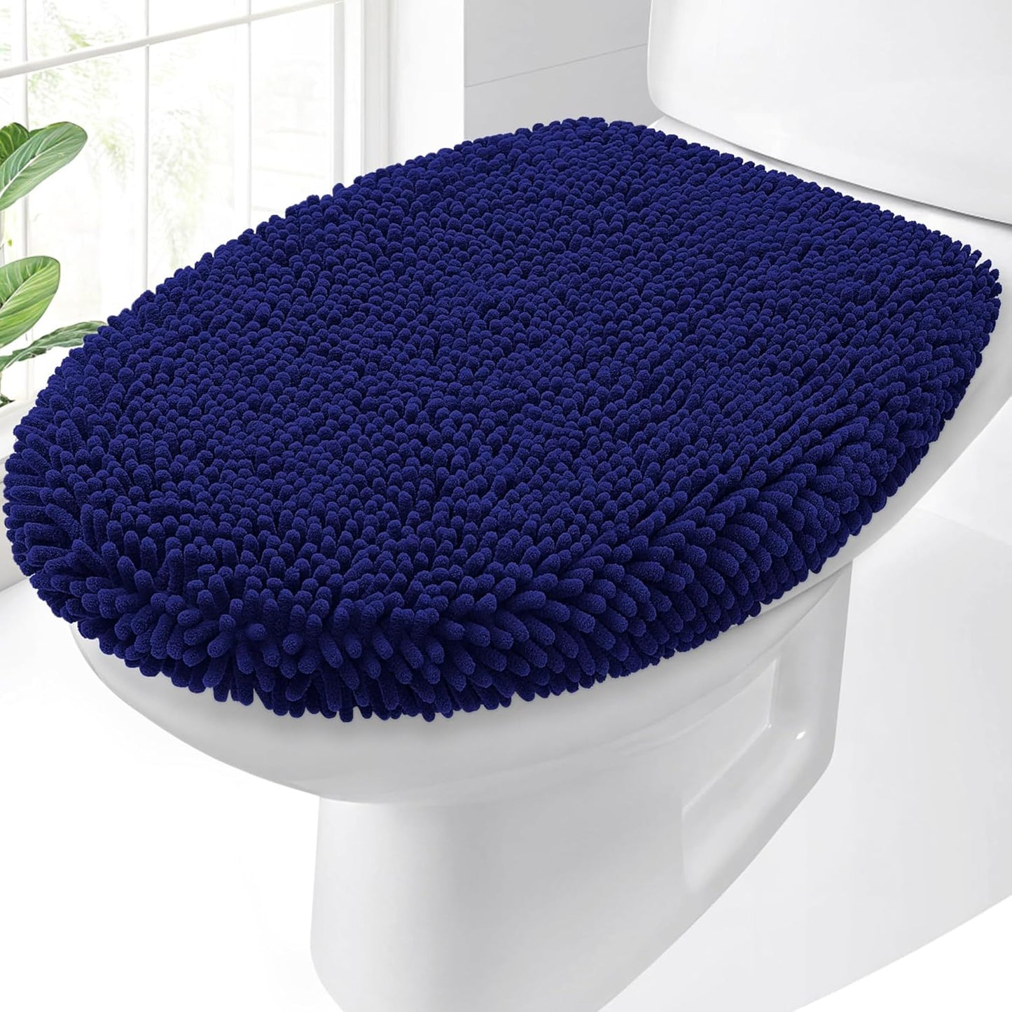 OLANLY Soft Chenille Bathroom Toilet Lid Cover, Machine Washable Seat Covers, 17.5x15, Stays in Place Rubber Backing, Fits Most Round, Elongated and Oblong Lids, Accessories Decor, Navy
