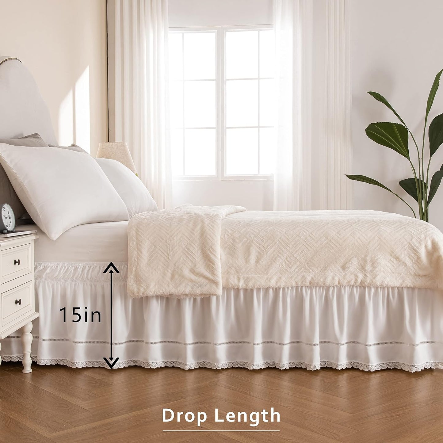 MIYE Wrap Around Ruffled Lace Bed Skirt, Elastic Dust Ruffle with Adjustable Belts,15 Inch Drop Easy to Put On, Bed Frame Cover, Machine Washable (Floral Lace, King/Queen-15)