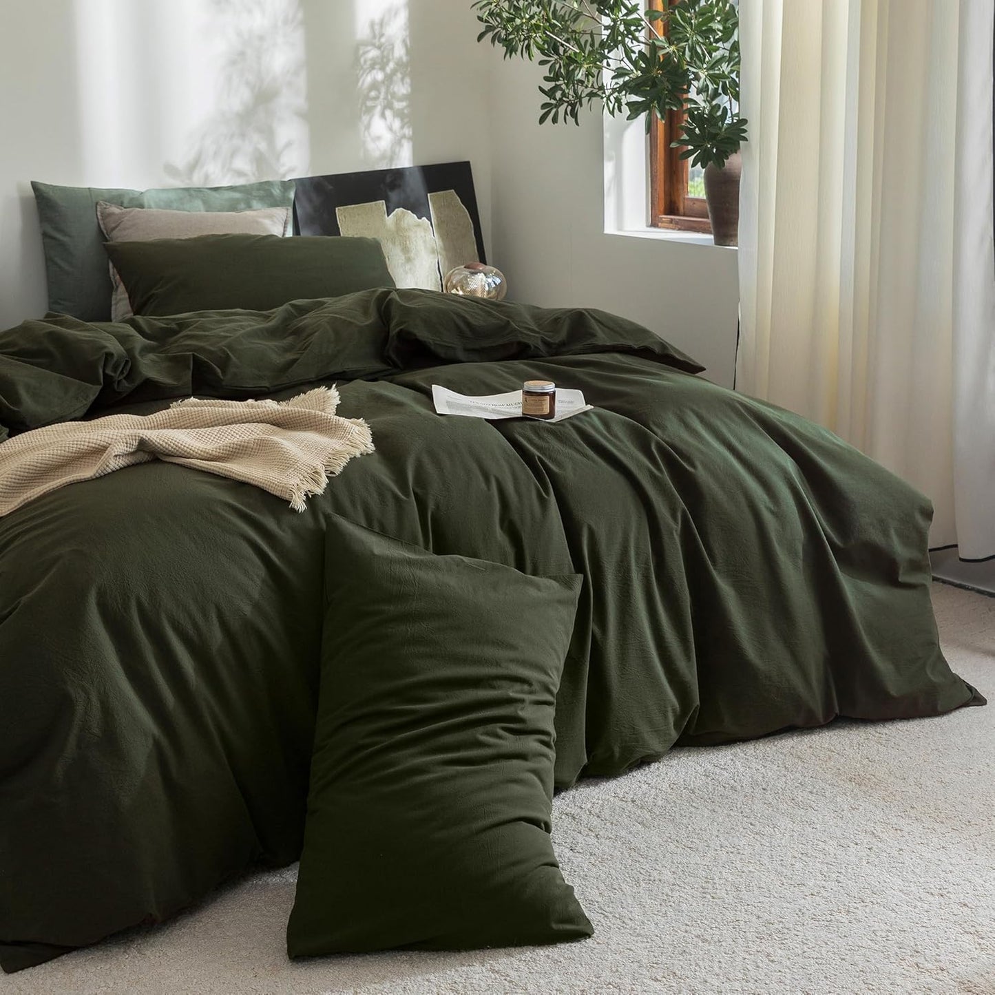 FOSSA Duvet Cover Set 100% Washed Cotton Linen Feel Super Soft Breathable Cozy 3 Pieces Bedding Sets Solid Olive Green Oversized Queen