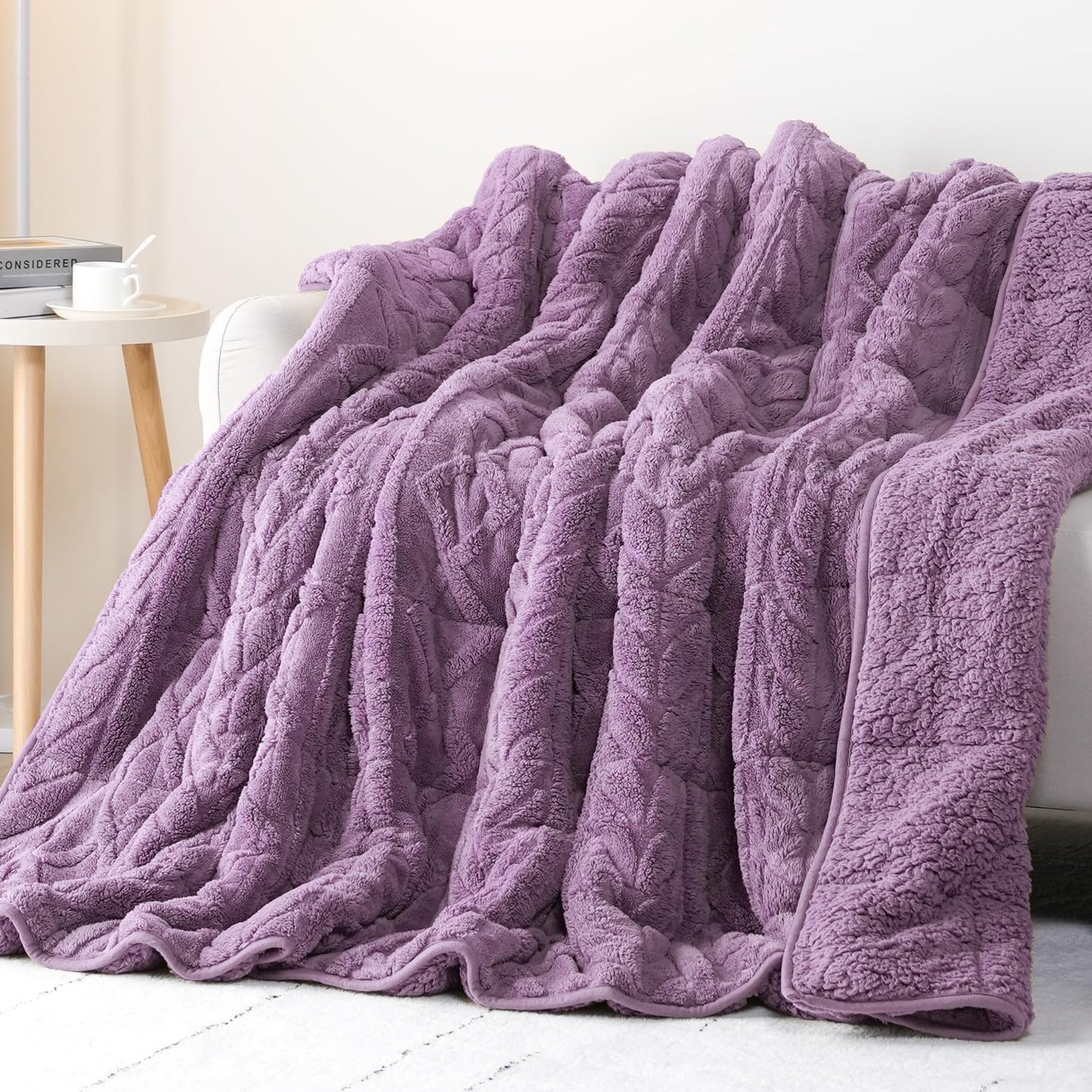 Cottonblue Jacquard Weighted Blanket 20 lbs for Adults Queen Twin Full Size, Fuzzy Sherpa Fleece Weighted Throw Blankets 60x80 in for Relax & Sleep, Cozy Heavy Bed Blankets with Cemaric Beads, Purple
