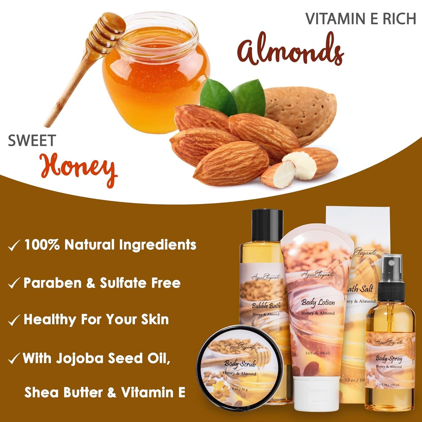 Spa Baskets For Women - Luxury Bath Set With Honey & Almond - Spa Kit Includes Wash, Bubble Bath, Lotion, Bath Salts, Body Scrub, Hand Cream, Shower Puff, Bathbombs, Soap and Towel
