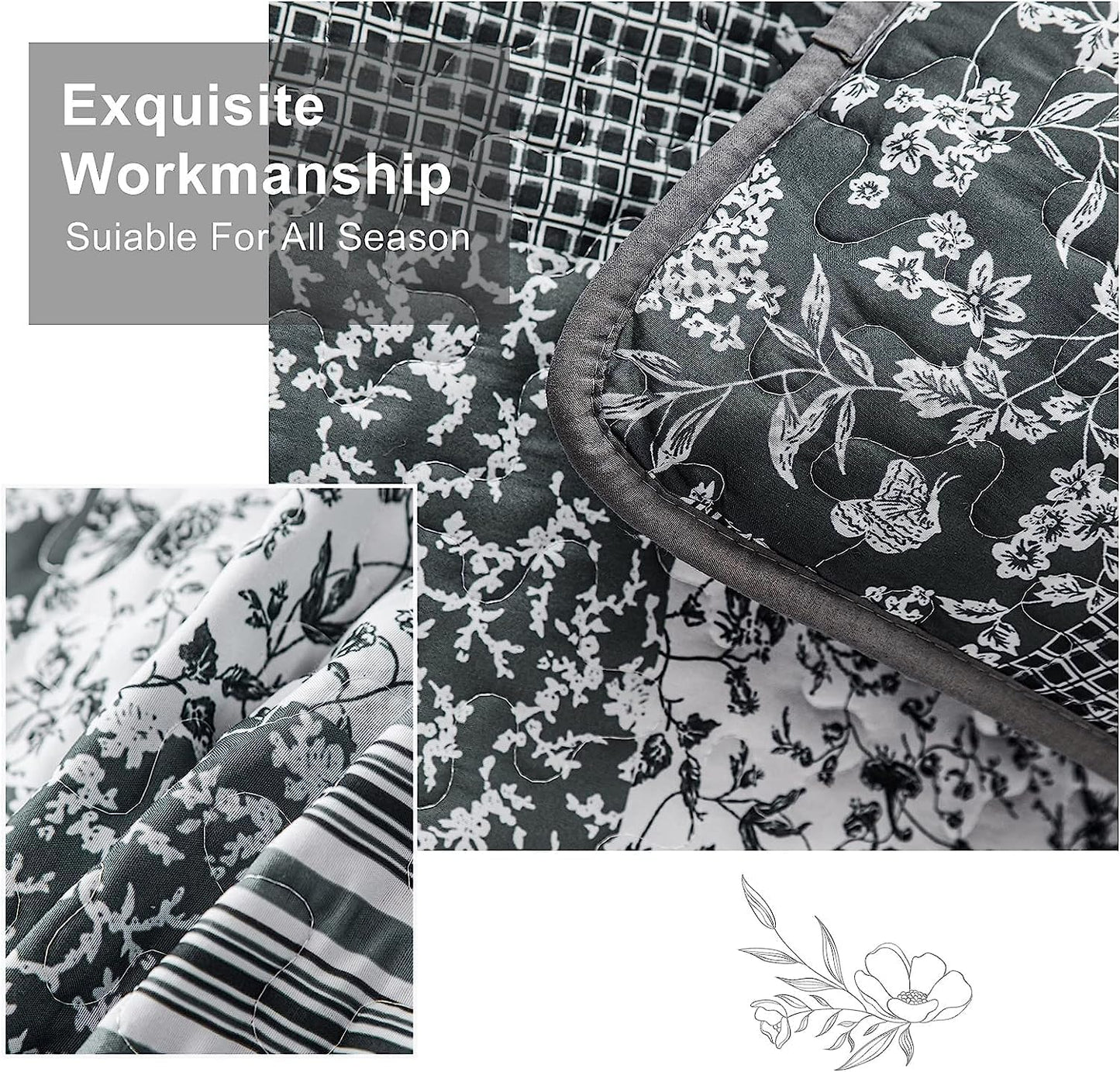 Mybedsoul Black Grey Boho Quilt Set California King Size,3 Pieces Plaid Floral Bedspread Coverlet Set for All Season,Patchwork Reversible Bedding Set 106"x 96"