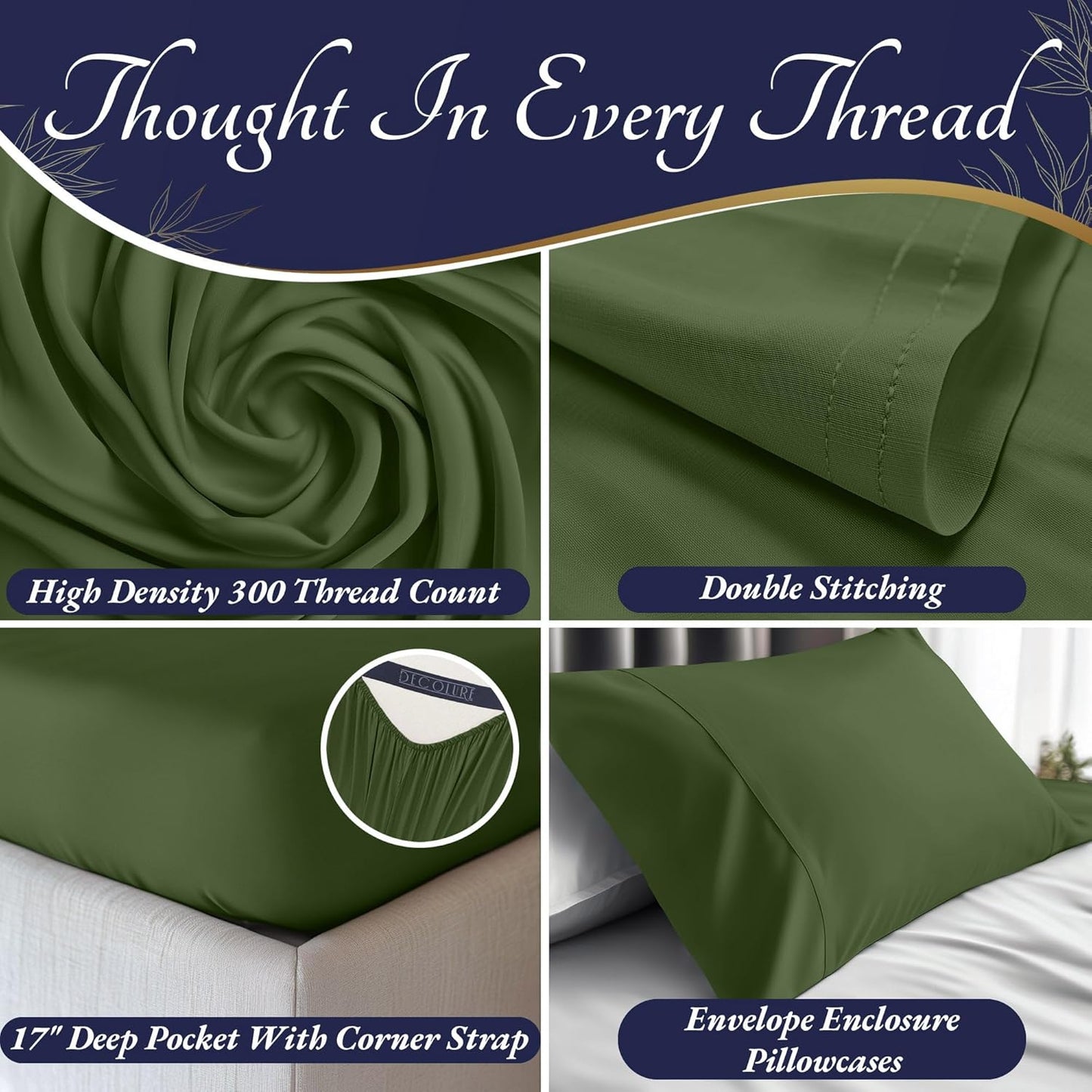 DECOLURE 100% Viscose Derived from Bamboo Sheets King Size 4pcs - Ultra Soft & Luxuriously Cooling, 17" Deep Pocket, Double Stitching, Perfect for Hot Sleepers - King Bed Sheets (Olive)