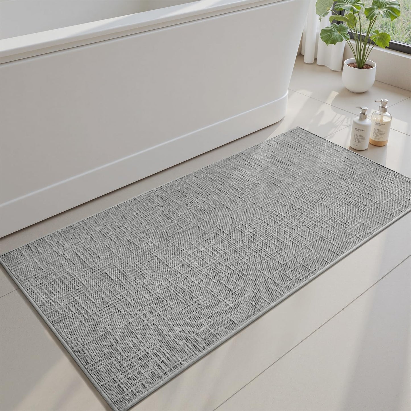 AMOAMI Bath Mat Non Slip Super Absorbent Quick Dry Bath Mats for Bathroom Floor Rubber Backing Washable Bathroom Rugs Modern Woven Jacquard Mat, Beside Tub Bath Rugs, 2'x4', LightGrey