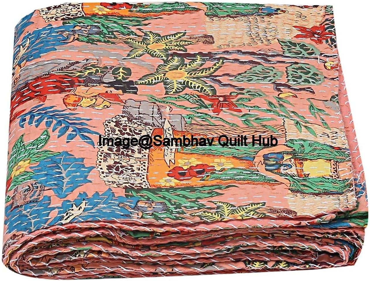 Floral Printed Cotton Quilted Blanket Indian Handmade Bedspread Kantha Work Bohemian Bed Decor Throw Blanket Twin/King/Queen (60X90 inches)