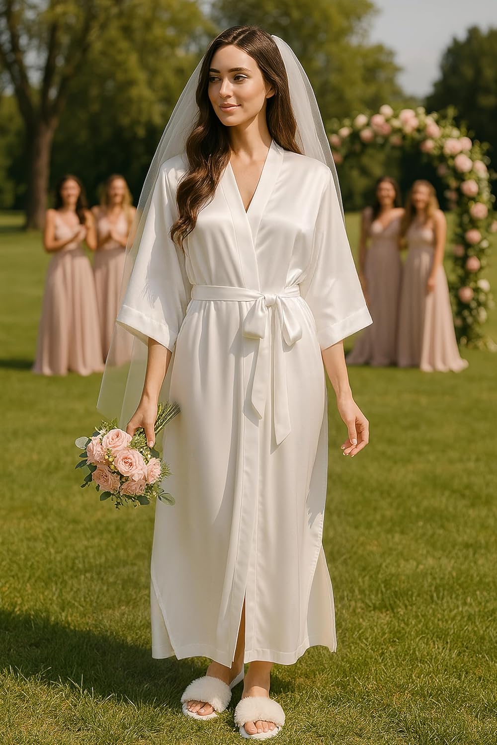 PRODESIGN Satin Kimono Robe Women Long Silky Kimono Bathrobe Sleepwear Wedding Bridesmaid Robe