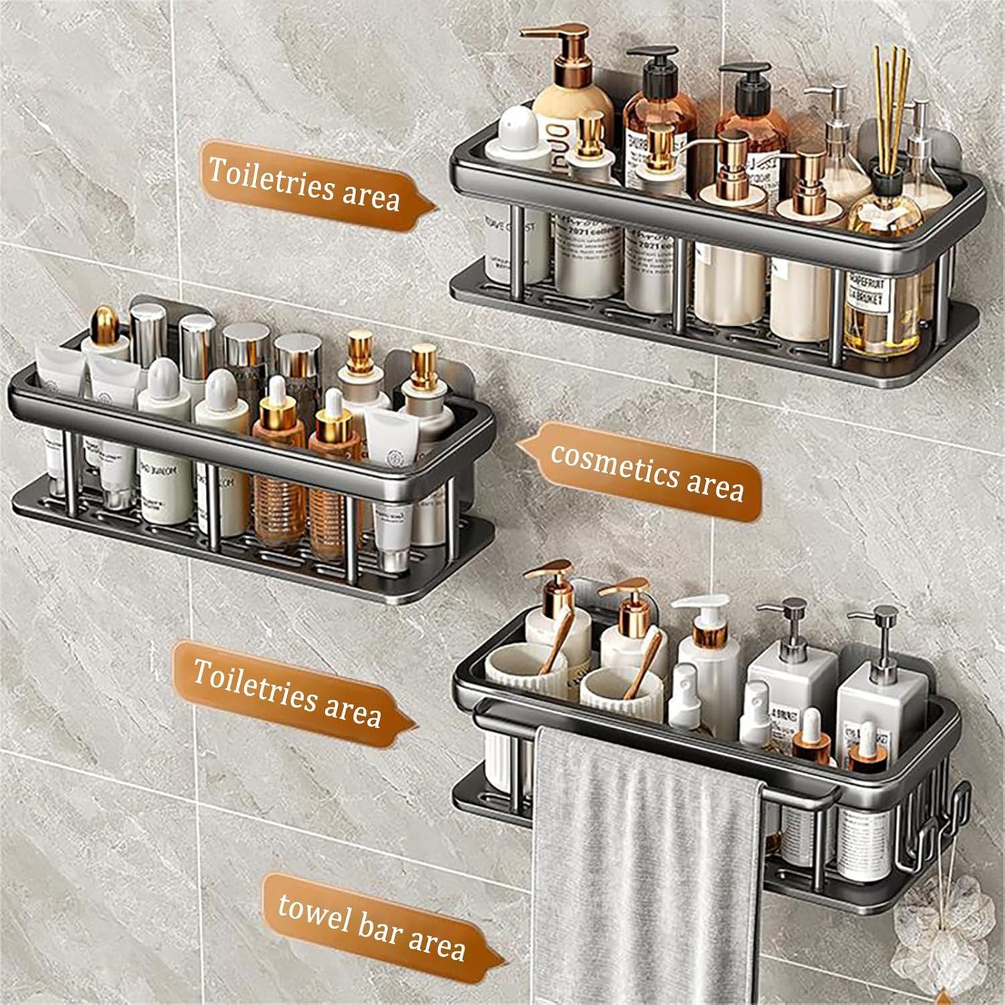 EVALAND Aluminum Shower Caddy, Adhesive Shower Shelves, 2-Pack with Hooks and Rod for Towels, No Drill Wall Mount Rustproof Premium Organizer for Bathroom, Kitchen, Black