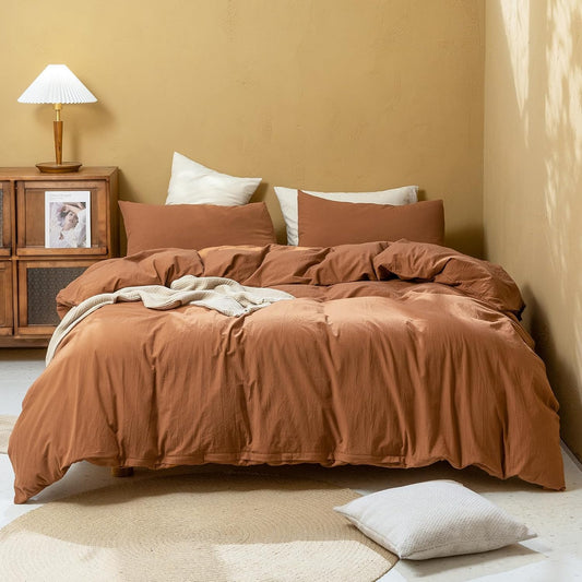 FOSSA Linen Duvet Cover Set 100% Washed Cotton Linen Feel Super Soft Breathable Cozy Simple Style 3 Pieces Bedding Sets Solid Dark Orange King