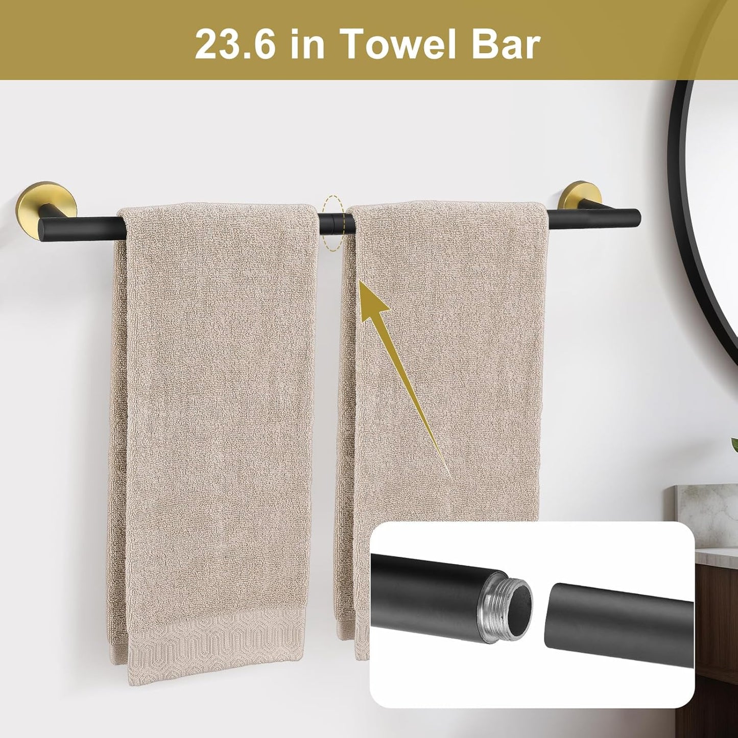 Black and Gold Towel Bar Bathroom Hardware Accessories Set, 10 Pieces Upgraded Round Toilet Paper Holder Towel Rack for Bathroom Wall Mounted, 23.6 Inch Stainless Steel Towel Rods for Bathroom