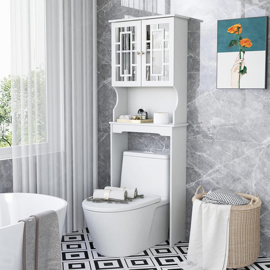 Giantex Over-The-Toilet Storage Space Saver, Bathroom Organizer with Cabinet and Shelf, Above Toilet Standing Rack (White)