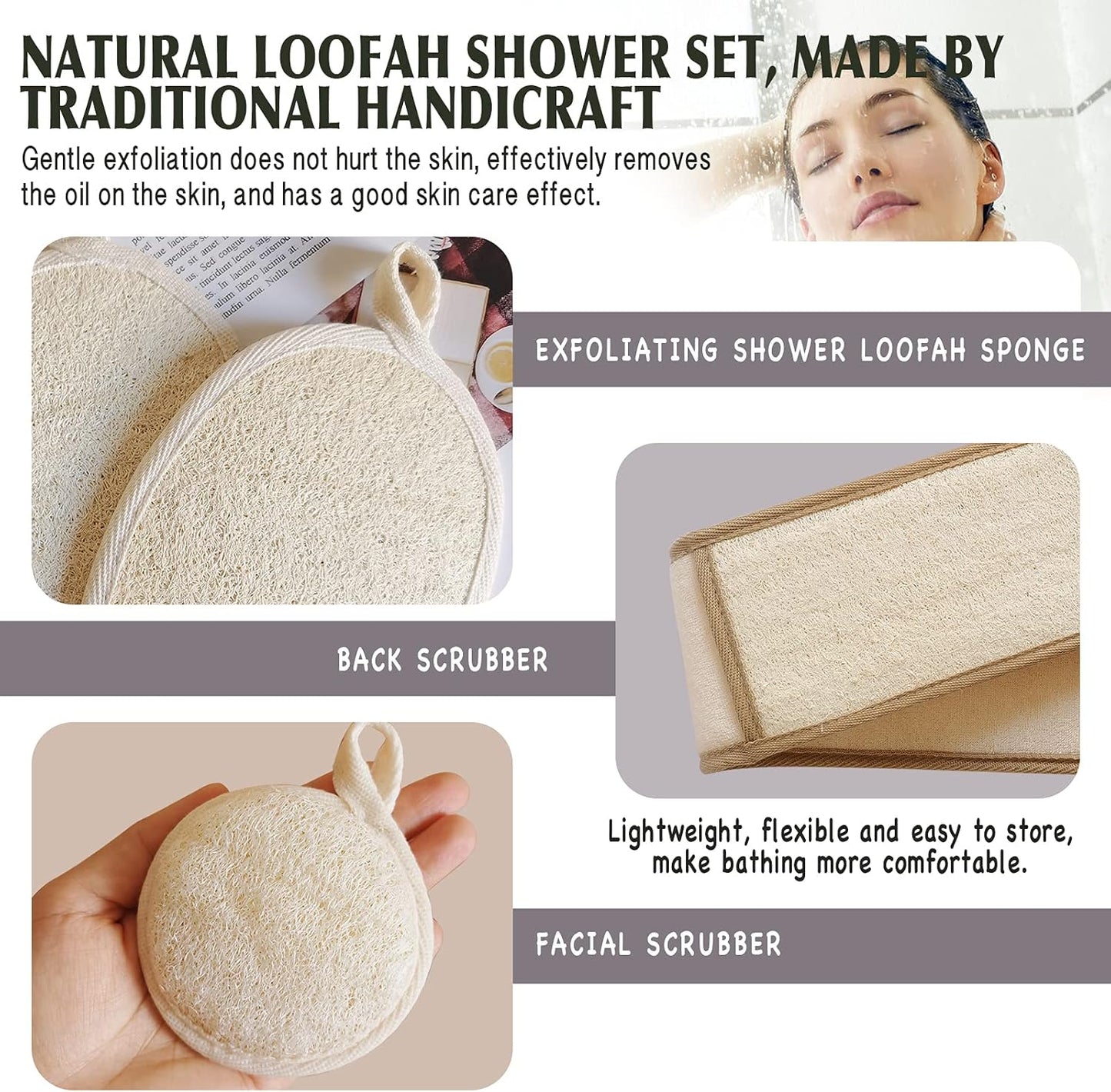 Natural Loofah Sponge Back Exfoliating Scrubber Combo Set, Seep Cleansing Skin and Facial Loofah Pad