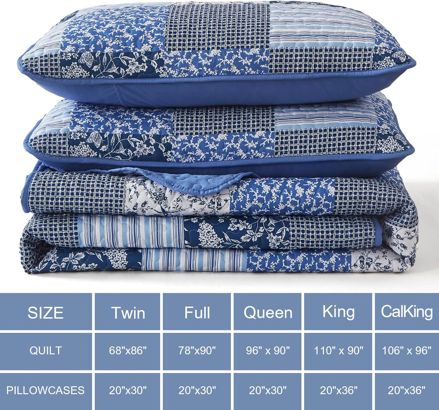 Mybedsoul Blue Quilt Set Twin Size, 2 Pieces Plaid Floral Bedspread Set Patchwork Reversible Bedding Set Microfiber Lightweight Bedspread Coverlet Set for All Season 68"x86"