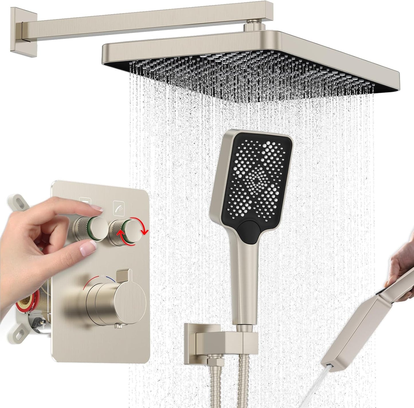 Iriber Thermostatic Shower System Wall Mount with Adjustable Water Flow Push Button Diverter,13 Inch Nickel Rectangle Rainfall Shower Head and Handheld,Brushed Nickel