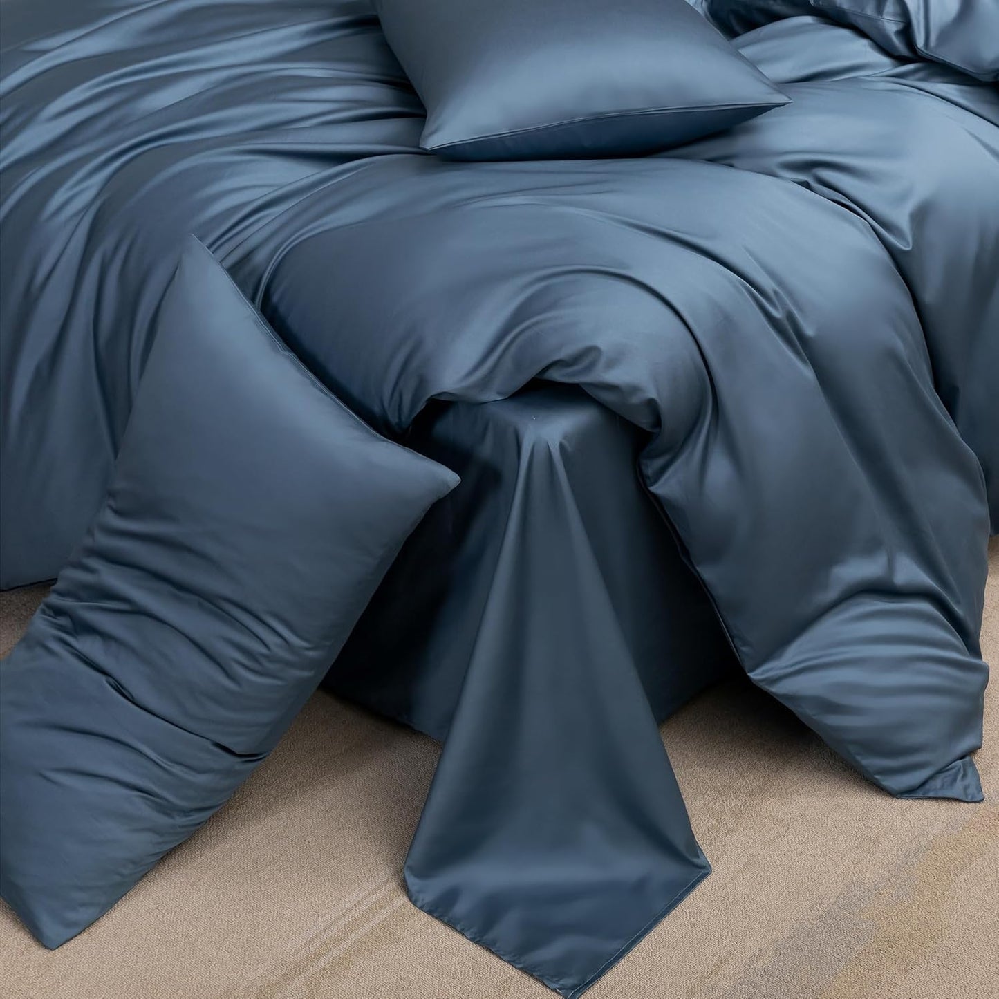 MooMee Duvet Cover Set 100% Extra Long Staple Cotton 600 Thread Count Silky Sateen Smooth Luxury Soft Breathable Durable Hotel Quality Bedding, 3 Pieces (Dark Blue, King 104"x90")
