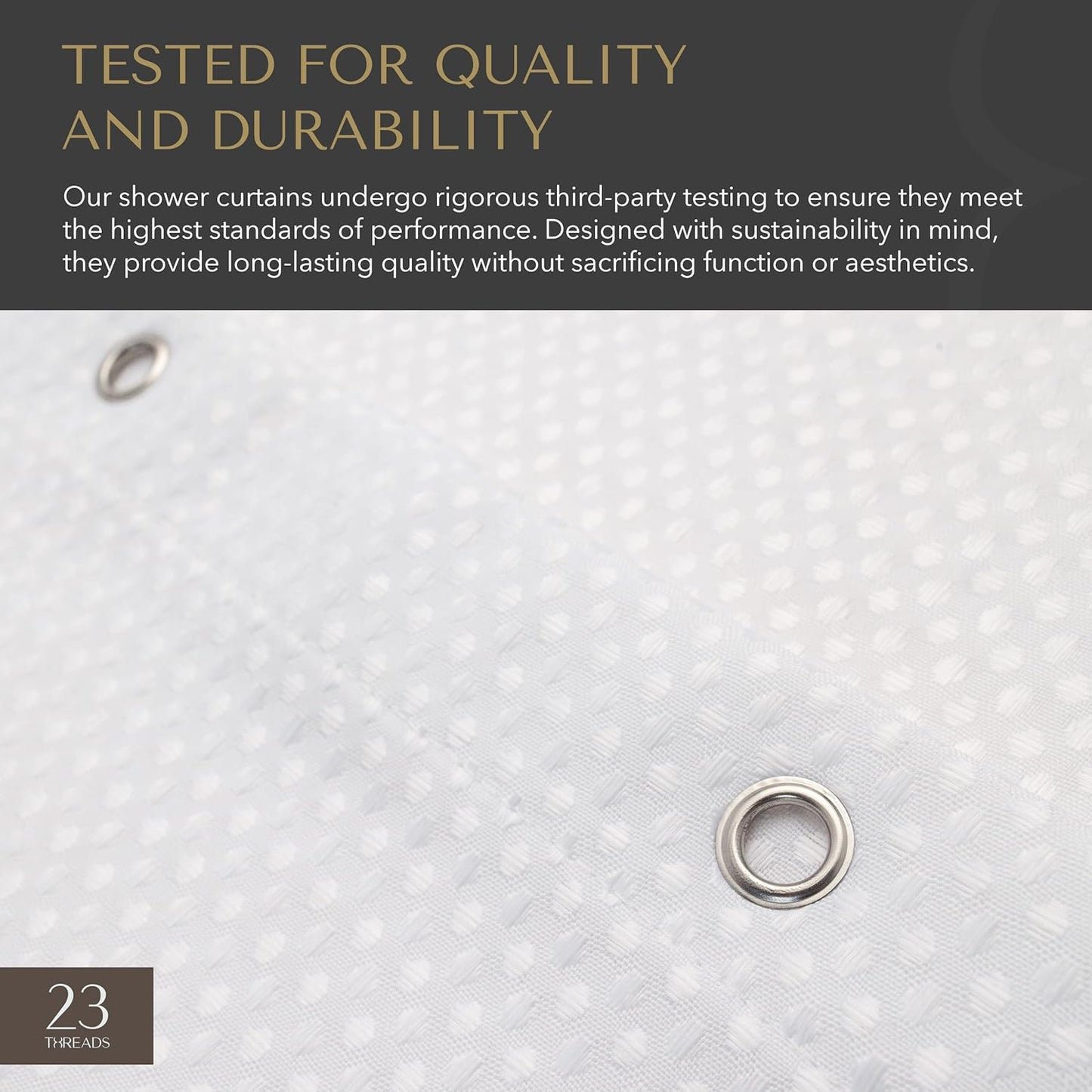 23 THREADS Fabric Shower Curtain for Bathroom, Water Resistant, Made from Sustainable Yarns, White, Waffle Weave