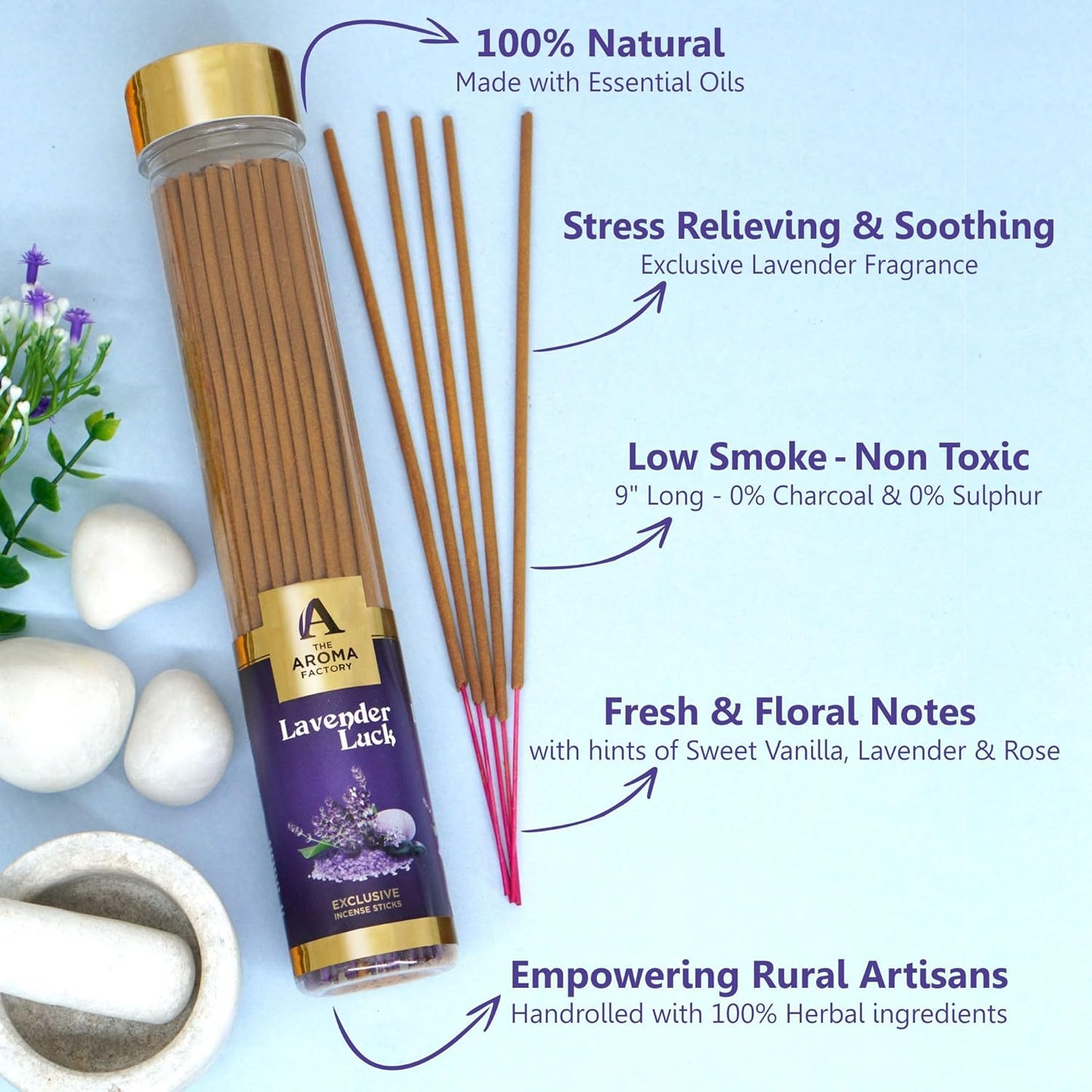 The Aroma Factory Lavender Agarbatti for Pooja, Luxury Incense Sticks, Low Smoke and Zero Charcoal, Meditation (Bottle Pack of 1, 100G) 4 Cm X 4 Cm X 26 Cm Multicolour