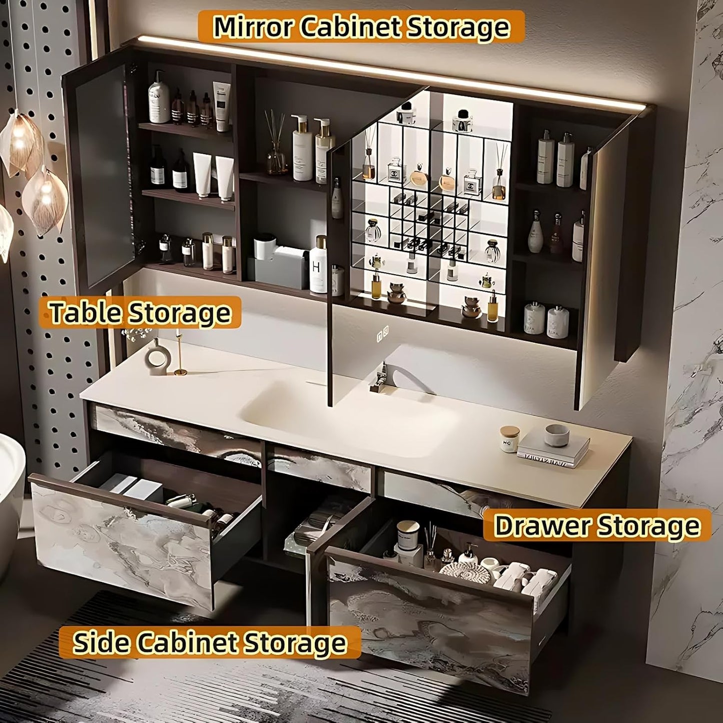 64in Bathroom Vanities Set - Bathroom Vanity with Sink, Tall Storage, Smart Defogging Mirror, Integrated Sink & 2 Large Drawer | Floating Cabinet