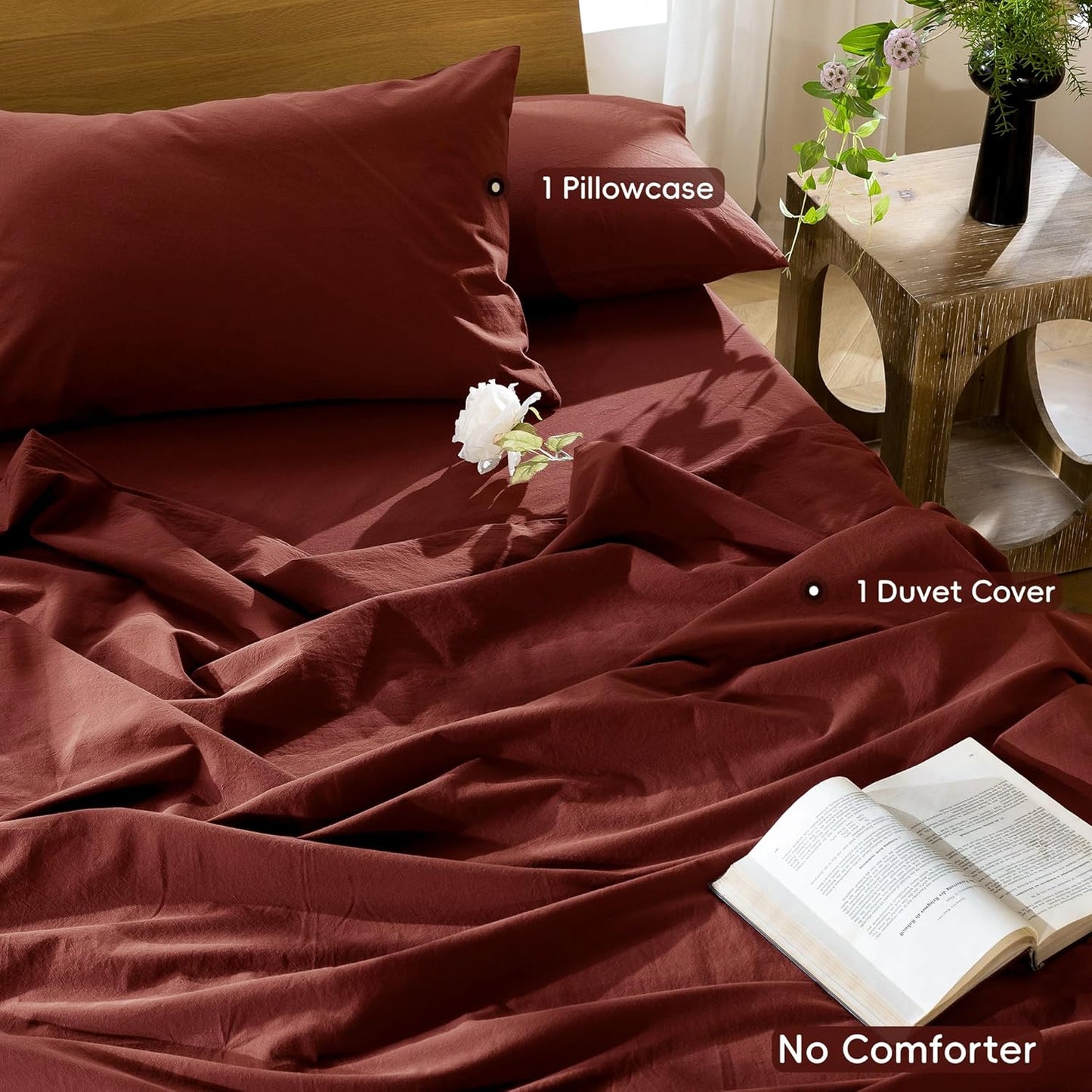 MooMee Bedding Duvet Cover Set 100% Washed Cotton Linen Like Textured Breathable Durable Soft Comfy (Solid Fired Brick Red, Twin 68"x90")