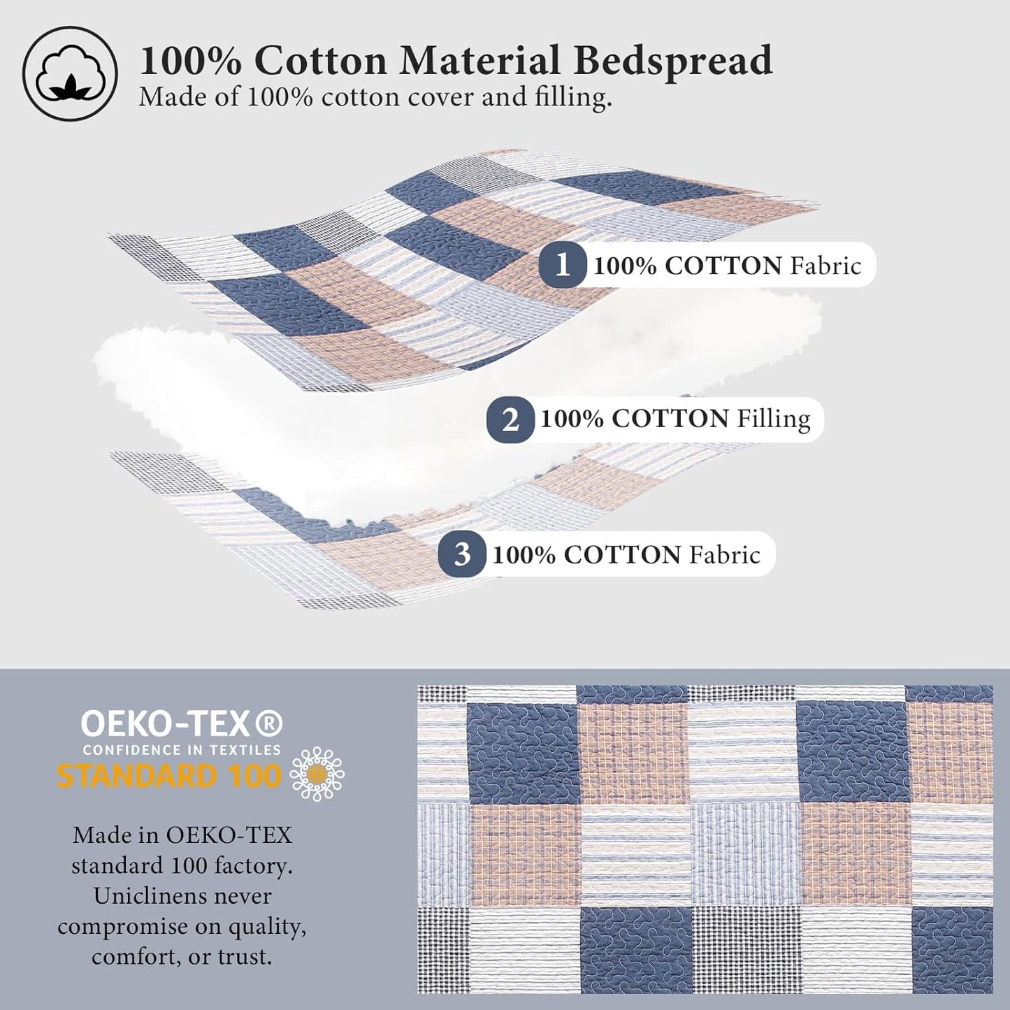 Uniclinens Plaid Quilt Set King Size, 100% Cotton Patchwork Plaid Quilt Bedding Set Bedspreads, Farmhouse Lightweight Comforter Quilted Quilt, 3 Pieces Set with 2 Pillowshams, Navy/Brown/White