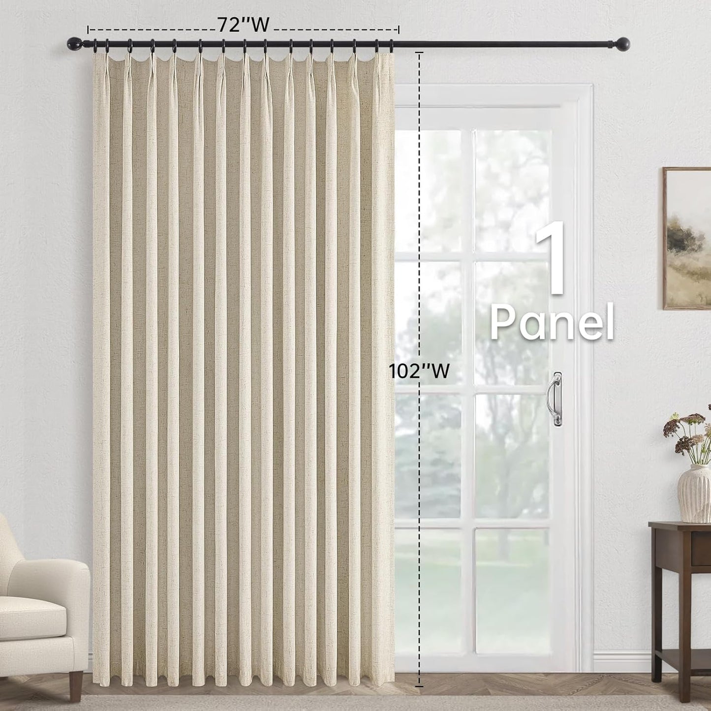 Topfinel Extral Wide Curtains, Cream Pinch Pleated 100% Blackout Linen Luxury Drapery with Hooks for Patio Sliding Door Large Window Living Room Track System, 72" Wx102 L 1 Panel