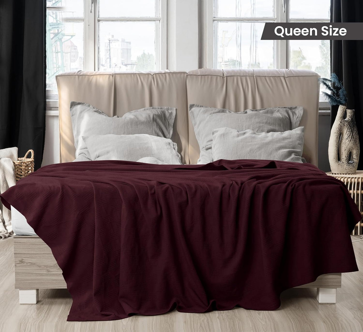 Utopia Bedding Burgundy 100% Cotton Blanket [Queen Size - 90x90 Inch] 350GSM Lightweight, Soft and Breathable Thermal Blanket for All Seasons