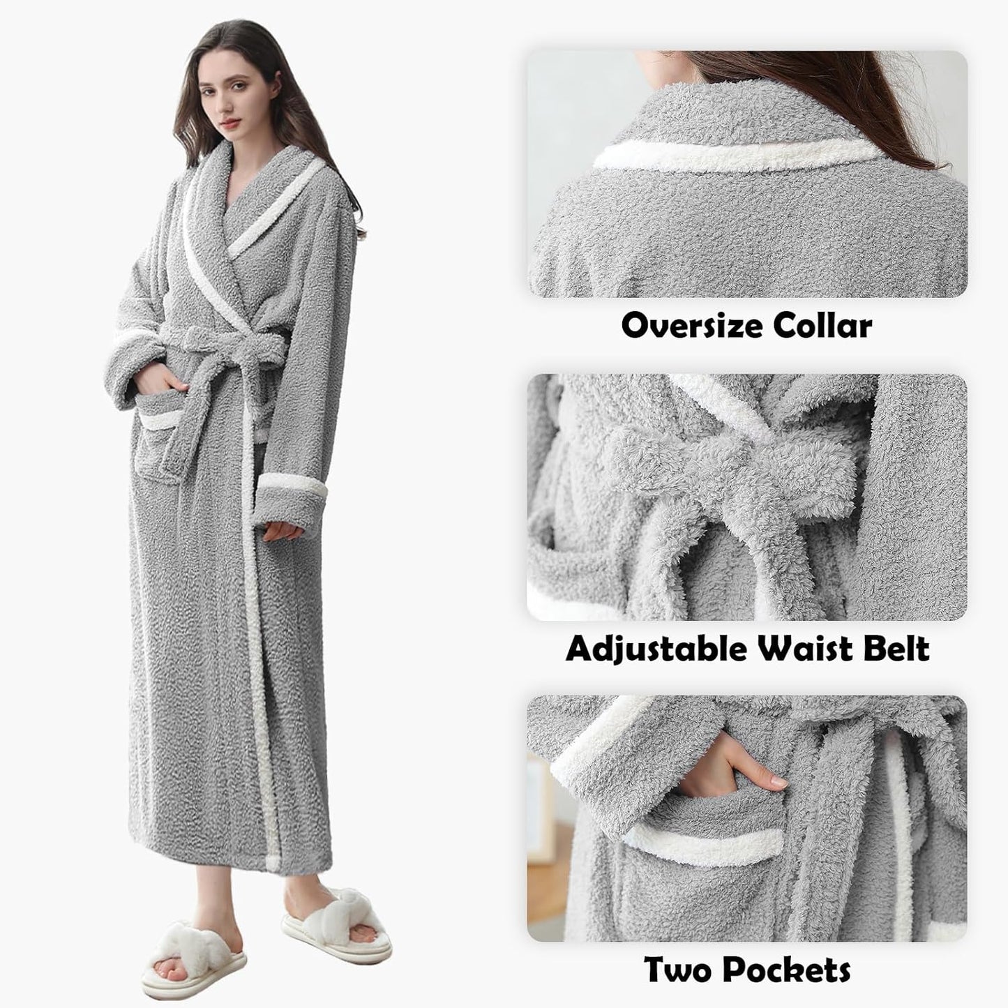 Oksun Womens Long Fleece Robe: Soft Fluffy Warm Bathrobe - Cozy Winter Housecoat Nigthgown with Chic Piping