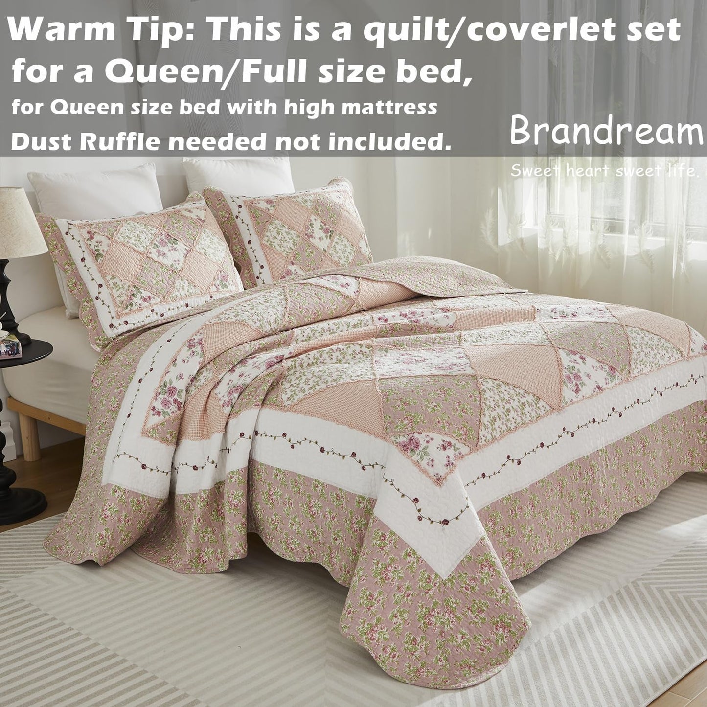Brandream Queen Size Quilt Set Cotton Patchwork Quilts Blush Pink Country Floral Bedding Patchwork Quilted Comforter Set 3-Piece