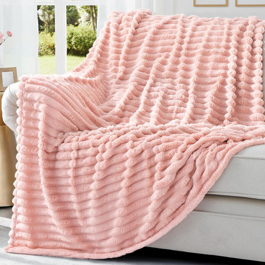 decorUhome Christmas Soft Fleece Pink Throw Blanket for Couch, Cozy Fluffy Plush Flannel Striped Blanket for Sofa Bed, Lightweight Decorative Ribbed Fuzzy Blanket for Woman, 50x60 Inches