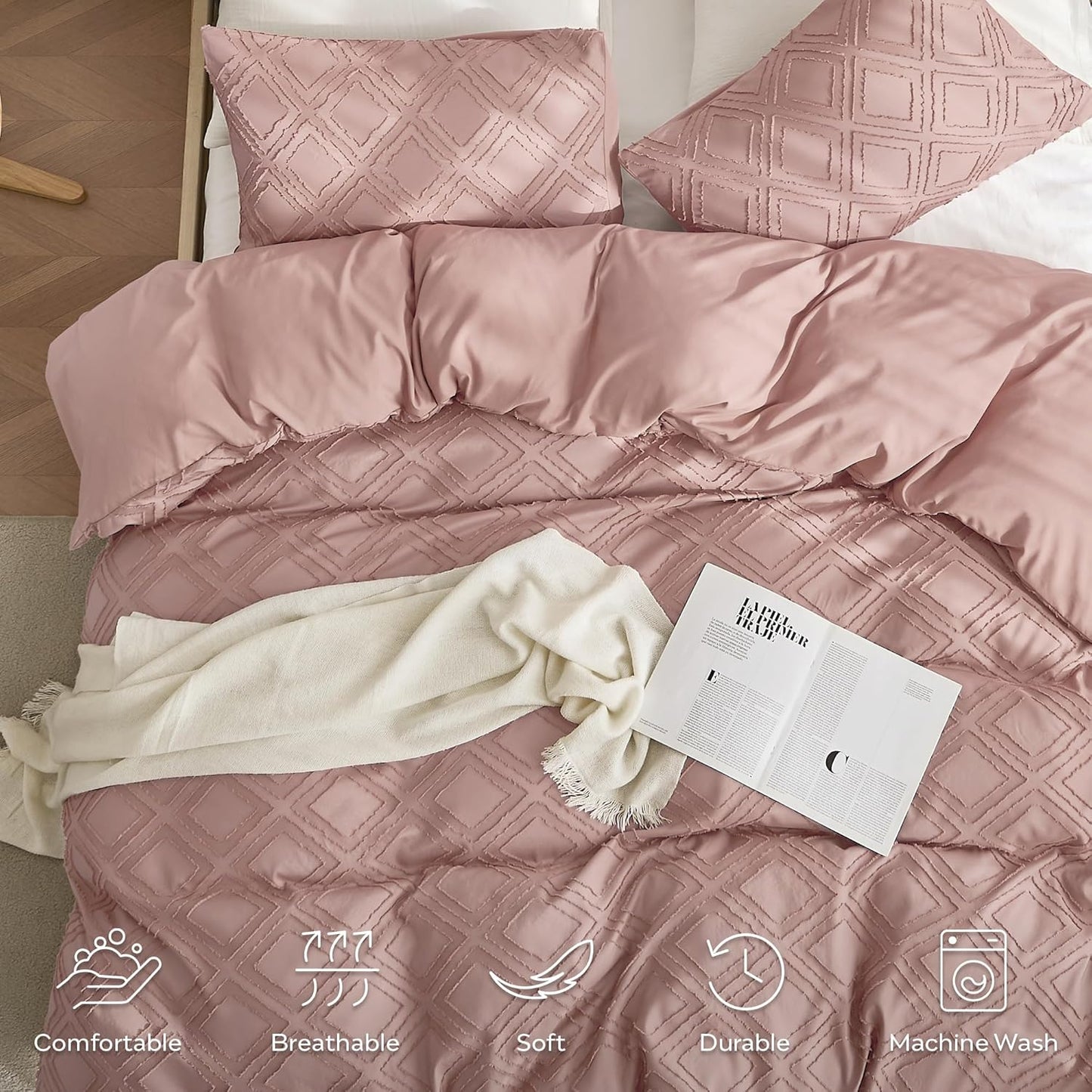 JELLYMONI Duvet Cover King Size Smokey Pink - 3PCS Boho Duvet Cover Set Plaid Polyester Tufted Bohemian Jacquard Knit Textured Comforter Cover 104×90in Rhombic Geometric Pattern Zipper Corner Tie