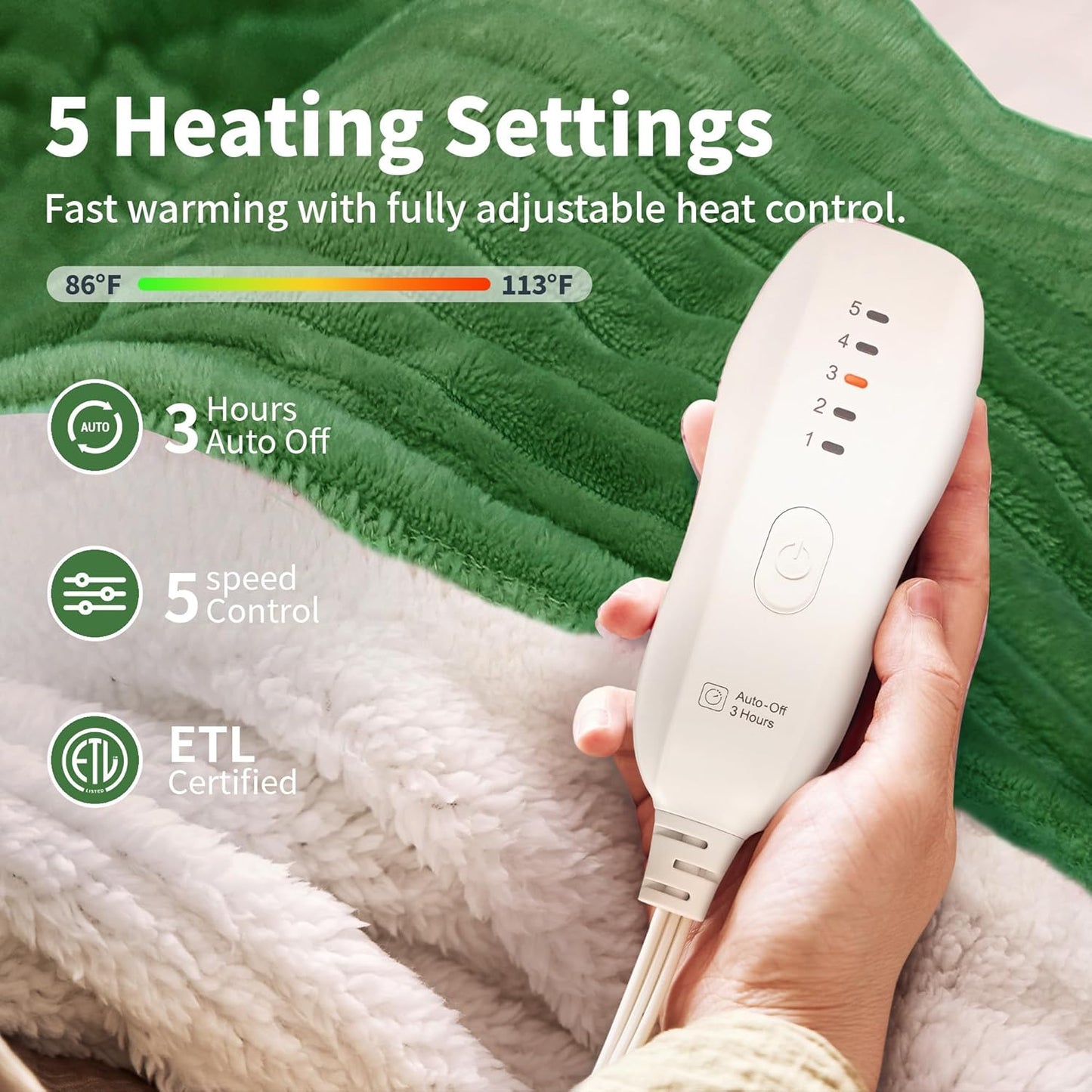 Heated Blanket Electric Blanket Throw 50”X60”-Heating Throw with 5 Heat Settings-3 Hours Auto Off,ETL Certified,Machine Washable (Emerald Green)