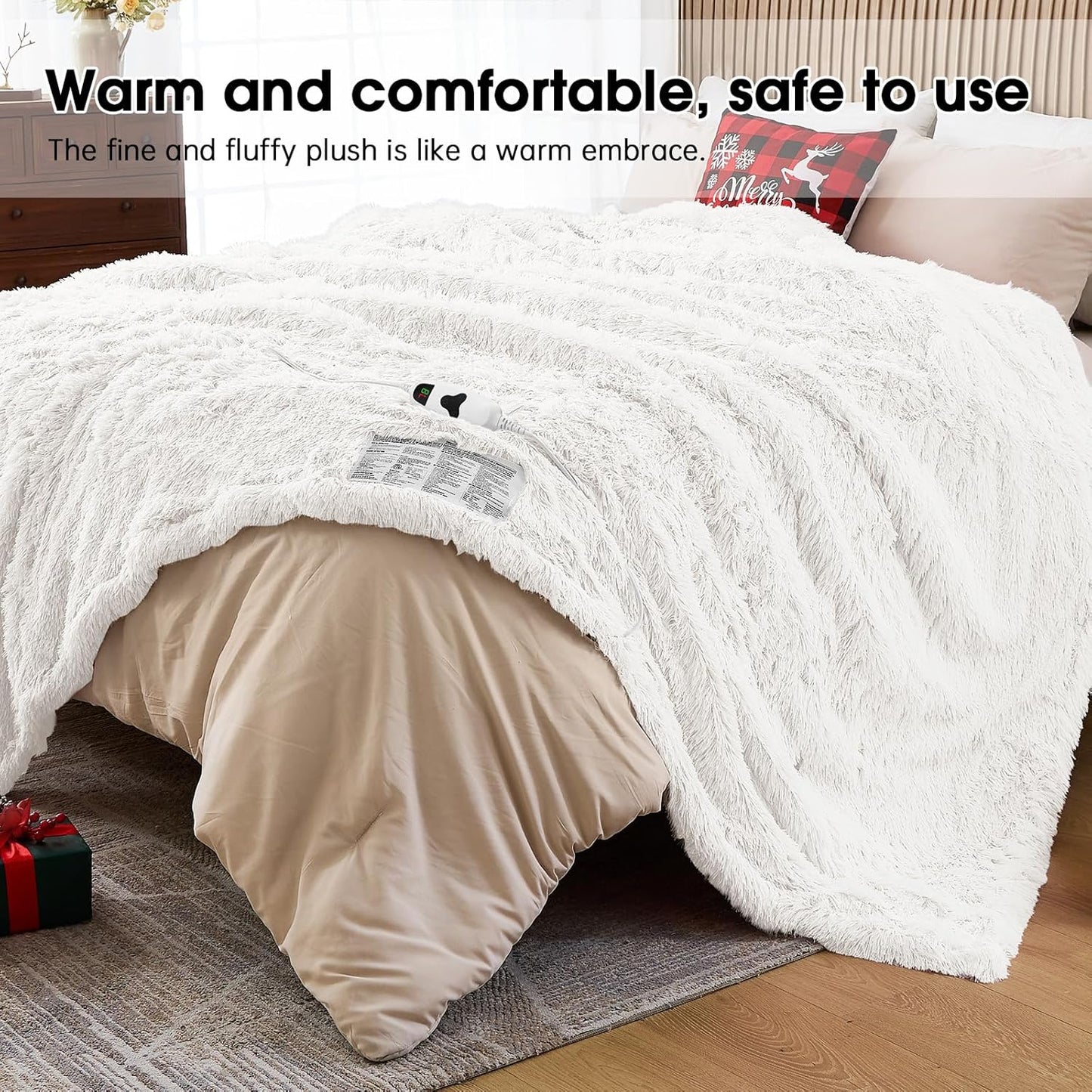 Heated Electric Blanket Queen–Faux Fur with Soft Thick Sherpa,Warm Winter Birthday Gifts for Women Grandma,Dual Control,10 Heat Settings,5 Time Settings, 84x90, Snow Cloud