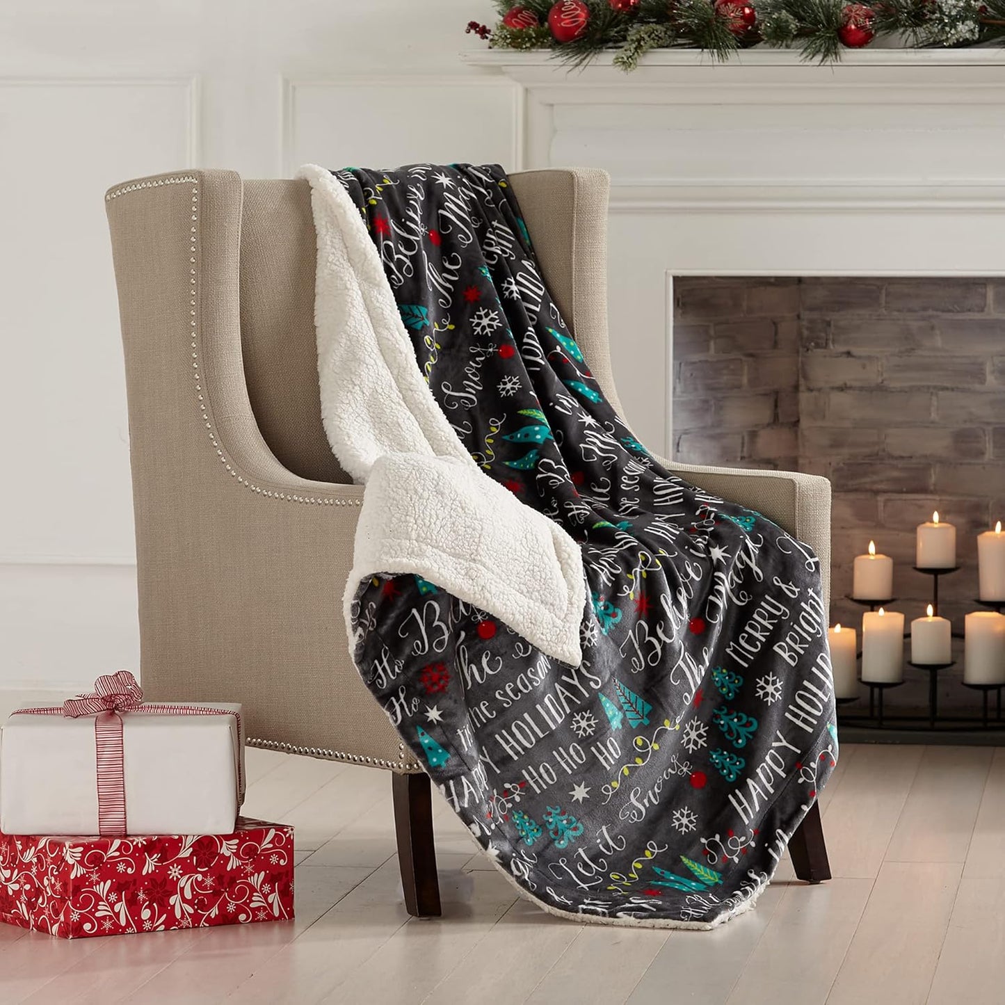Great Bay Home Soft Velvet Plush and Sherpa Fleece 50" x 60" Holiday Throw Blanket | Christmas Throw for Sofa and Bed | Cozy & Warm Plush Throw Blanket | Holiday Blankets and Throws Eve Collection