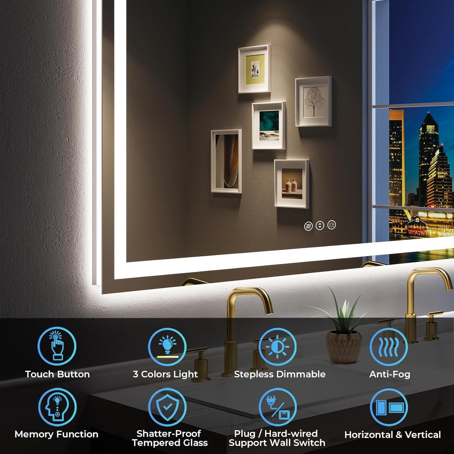 55x36 Inch LED Bathroom Mirror with Lights Front and Backlit Lighted Vanity Mirror for Bathroom Wall with 3 Colors Dimmable Anti-Fog Memory Shatter-Proof IP54 Waterproof Horizontal/Vertical