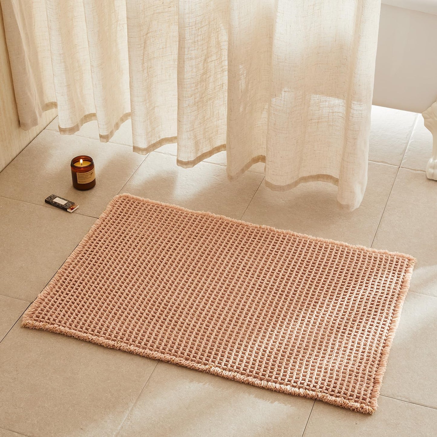 Waffle Bath Mat, Boho Bathroom Rugs Non Slip Washable Super Absorbent Quick Dry Bath Mat Farmhouse Bathroom Decor, 36"x24" Light Peach