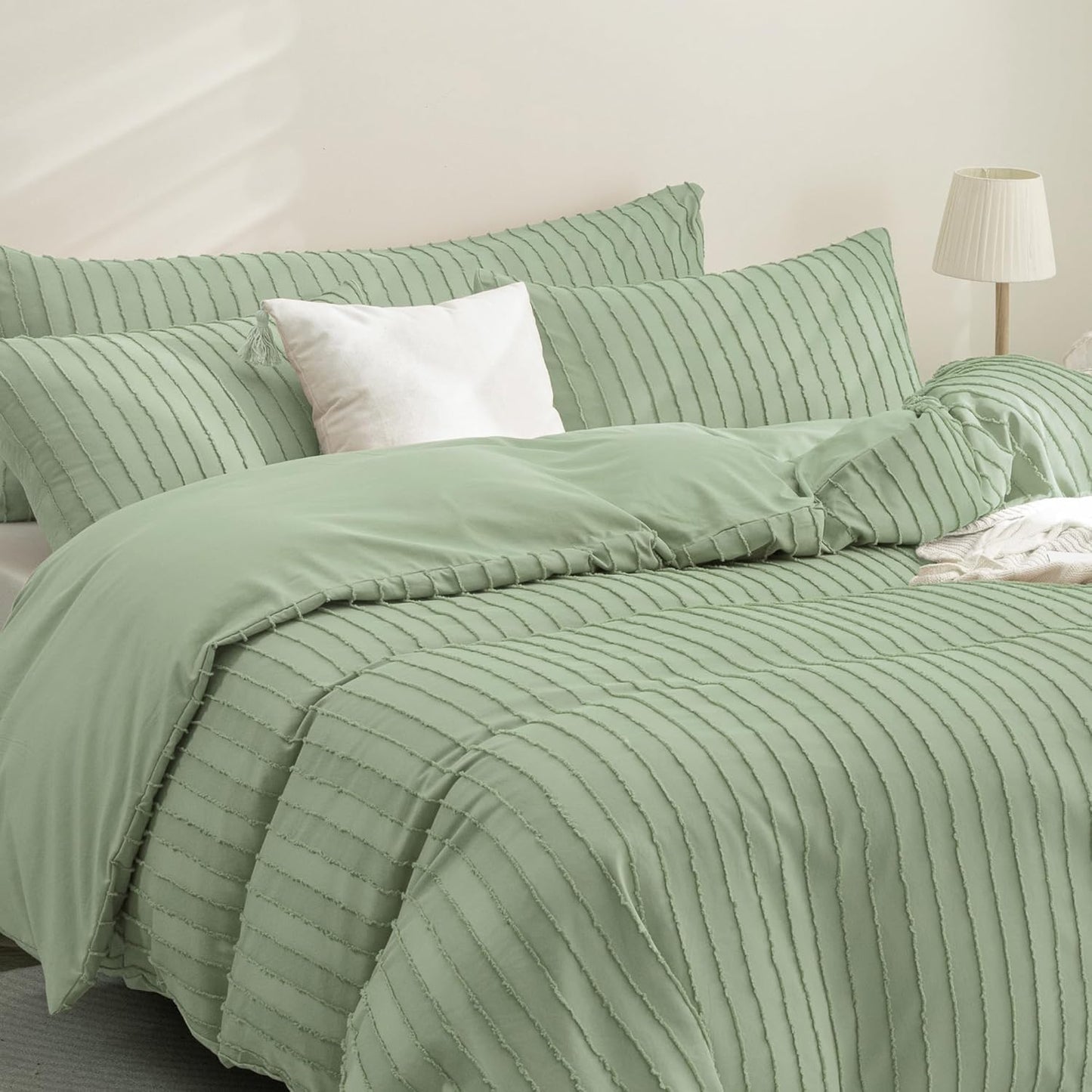 JELLYMONI Duvet Cover Twin Size Light Green - 3PCS Boho Striped Duvet Cover Set Polyester Tufted Bohemian Textured Comforter Cover 68×90in with Corner Ties & Zipper and 2 Pillowcases