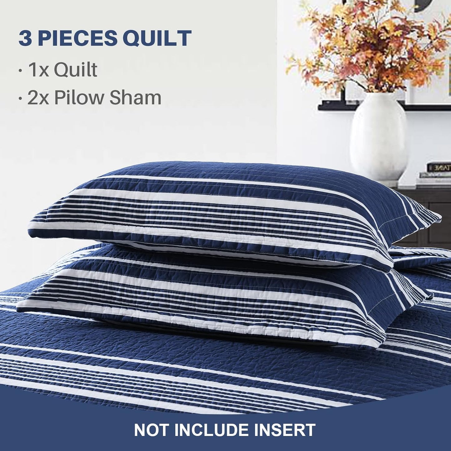 Y-PLWOMEN Queen Quilt Set - 100% Cotton Queen Quilt, Navy Blue Striped Quilt for Queen Bed, Lightweight Reversible Queen Size Bedspread for All Season, 3-Piece