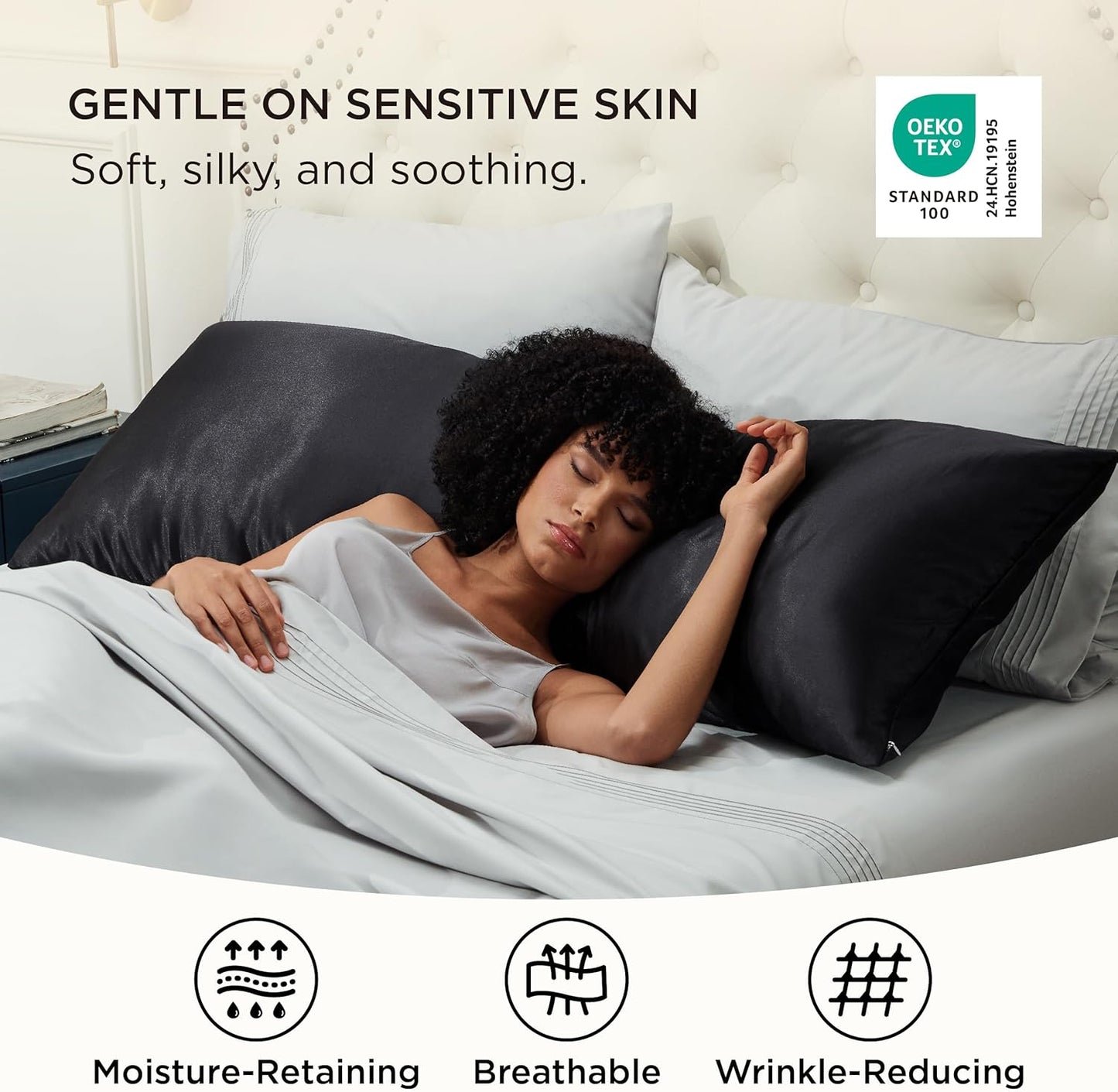 Bedsure Satin Body Pillow Pillowcase, Similar to Silk Body Pillow Cover with Zipper, Soft & Breathable Long Pillow Case, Cooling & Silky Long Pillowcase for Hair and Skin, Gifts, Black, 20x54 Inches