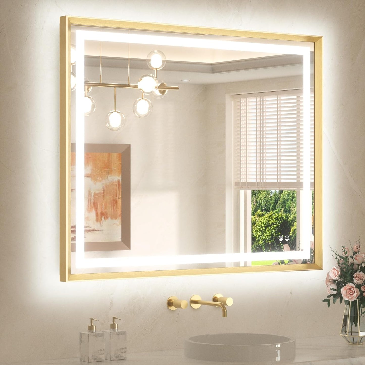 TETOTE 42 x 36 Led Mirror Brushed Gold Metal Frame Frontlit & Backlit Vanity Mirror Anti-Fog Stepless Dimmable 3 Colors White/Warm/Natural Wall Mirror with Lights Wall-Mounted