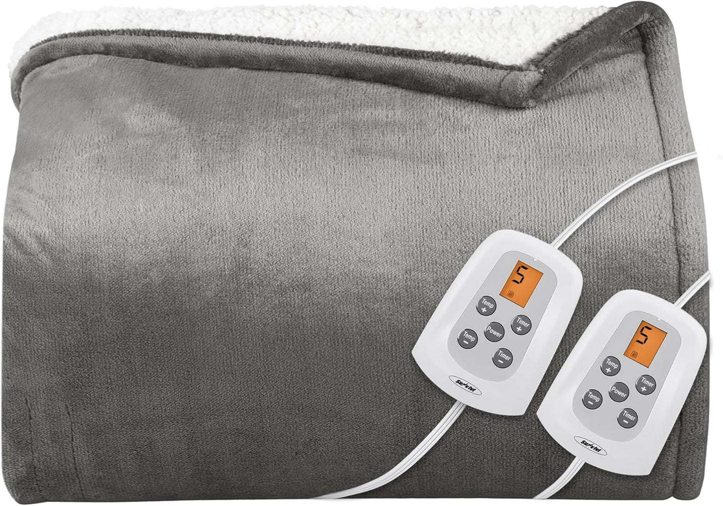SUNVIVI Heated Blanket Queen Size, Electric Throw Dual Control, 5 Years Warranty, 10 Heat Settings, 12 Hours Auto Off, Soft Flannel and Sherpa, Machine Washable, ETL Certified, Grey, 84x90 Inch