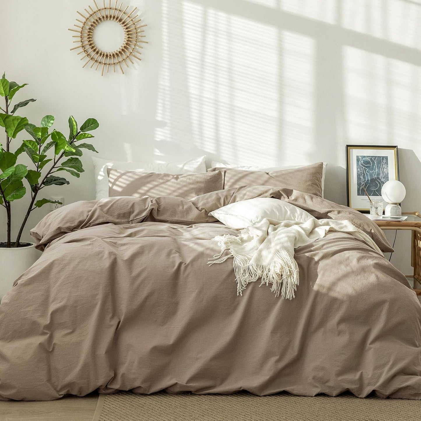 MooMee Bedding Duvet Cover Set 100% Washed Cotton Linen Like Textured Breathable Durable Soft Comfy (Solid Mocha Brown, Twin 68"x90")