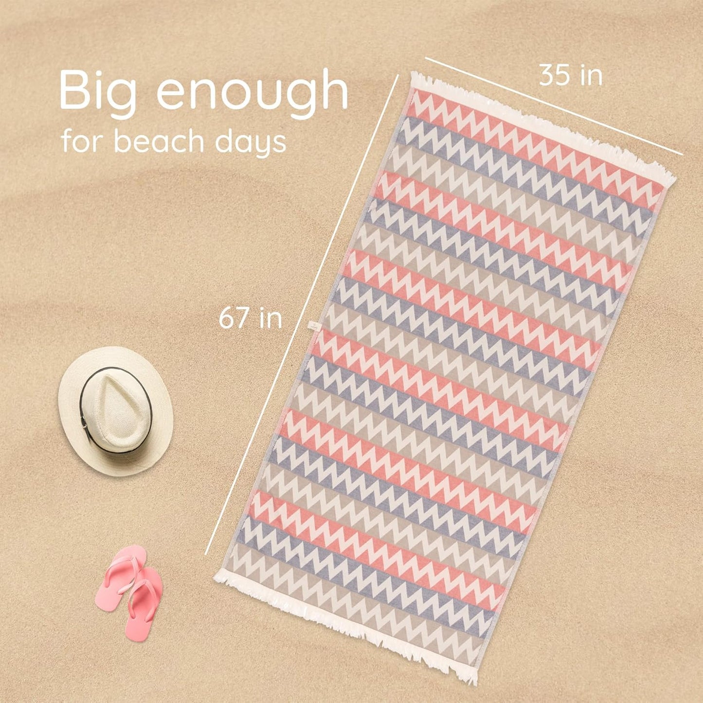 Turkish Beach Towel 35”x67” – 100% Cotton, Quick Dry, Lightweight Oversized Beach Towel for Pool & Travel – Zig Zag Navy Red Color