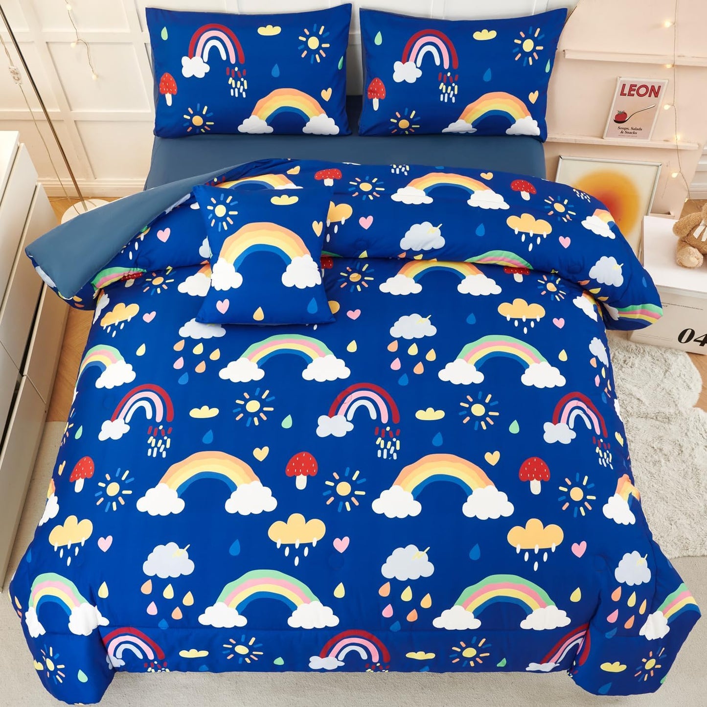 ANGIYUIN Blue Rainbow Kids Full Size Bed in A Bag with Sheets Cute Cloud and Rain Design Girls Comforter Set Soft Microfiber Bedding Set, Blue, Full