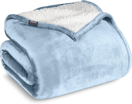 Bare Home Sherpa Fleece Blanket - King Size - Blanket for Bed, Sofa, and Couch - Warm & Lightweight - Fluffy & Soft - Reversible (King, Light Blue)