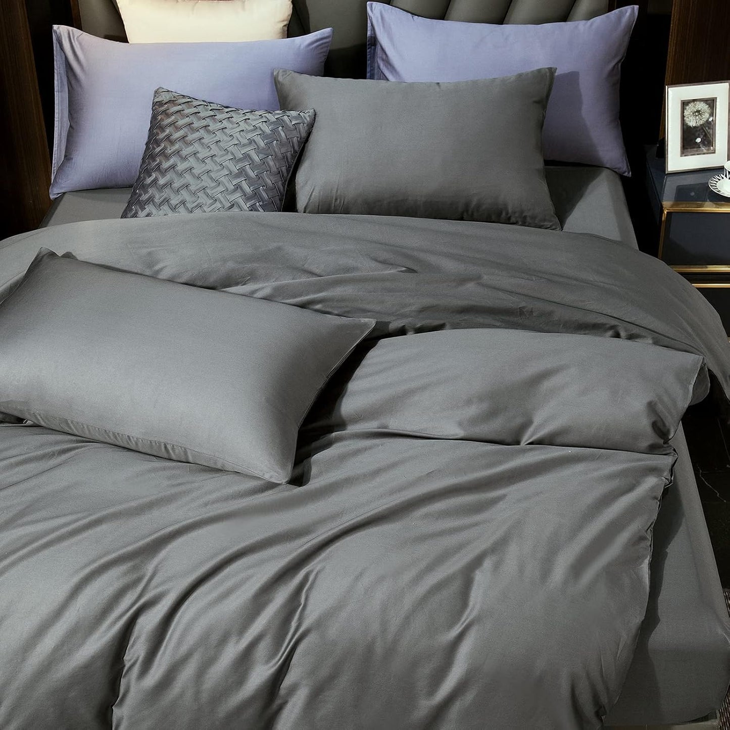 MooMee Duvet Cover Set 100% Extra Long Staple Cotton 600 Thread Count Silky Sateen Smooth Luxury Soft Breathable Durable Hotel Quality Bedding, 3 Pieces (Dark Gray, King 104"x90")