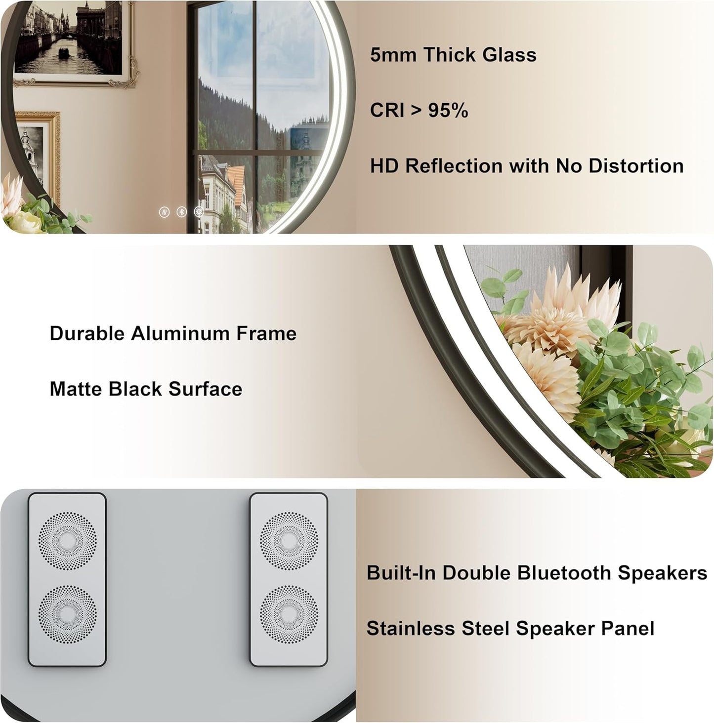 26 Inch Bluetooth Bathroom Mirror, Black Framed Round Vanity Mirror with Lights, Dimmable, 3000K/4500K/6000K, Anti-Fog, Built-in Dual Speaker, CRI 90+